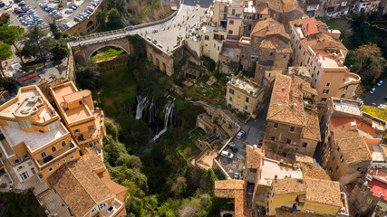 Aerial view on the historic city center of Tivoli, near Rome, Italy. Old Town of Tivoli from above.