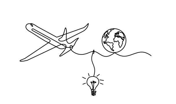 Abstract plane with light bulb as line drawing on white background