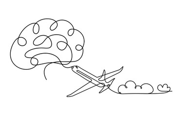 Abstract plane with brain as line drawing on white background
