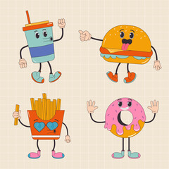 Cartoon character retro drink, burger,  donut,  French fries,  fast food 70s. In trendy groovy hippie retro style.
