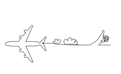 Abstract plane with hand as line drawing on white background