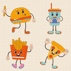 Cartoon character retro pizza, burger, French fries, drink, fast food 70s. In trendy groovy hippie retro style. .