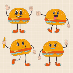 Cartoon character retro burger fast food 70s. In trendy groovy hippie retro style.