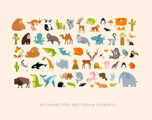 Print. Big  set of cartoon animals. Forest animals, tropical animals, sea animals.
- 579426951