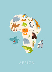 Print. Poster "Africa" with animals of the mainland. Africa map. African animals. Cartoon characters. Lion, elephant, zebra, gorilla, giraffe, camel, crocodile, shark, lemur.