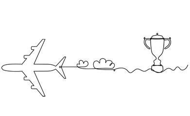 Abstract plane with trophy as line drawing on white background