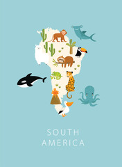 Print. Vector map of South America with animals. Cartoon animals. Jaguar, monkey, pelican, toucan, llama, alpaca, sloth. Poster for children. Education for preschoolers.