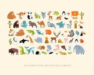 Print. Big vector set of cartoon animals. Forest animals, tropical animals, sea animals.
- 579426995