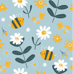 Fototapeta na wymiar Vector spring background with bees and daisies. Floral pattern. Blue gentle seamless background. Fabric, paper, wallpaper.