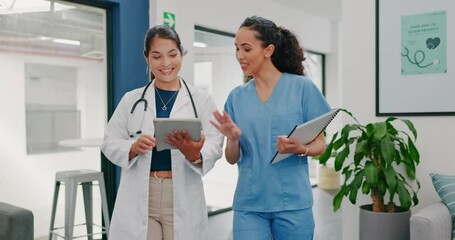 Talking doctor, walking or nurse on tablet in busy hospital teamwork, women collaboration or bonding with surgery joke. Smile, happy or laughing healthcare workers on medical technology meme or comic - Powered by Adobe