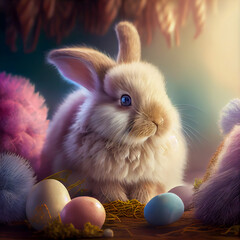Cute rabbit as easter bunny sitting with easter eggs and flowers. Generative AI