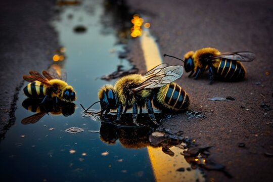 Insecticide. Dead bees in the puddle of toxic waste