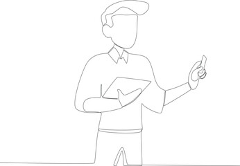 A male teacher giving exam questions to students. Teacher's day one line drawing