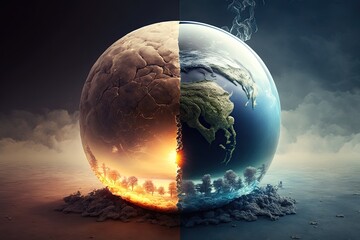 Conceptual of climate change and global warming with melting icebergs, rising sea levels, and extreme weather events. Generative AI