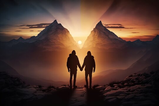 The Beauty of Partnership: Two Individuals Hold Hands Against a Breathtaking Backdrop - Generative AI