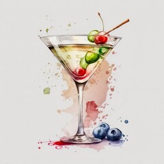 Watercolor illustration of a martini cocktail isolated on white background. Digital art of an alcoholic drink made up of gin and vermouth in a cocktail glass. Generative AI.