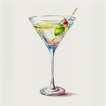 Watercolor illustration of a martini cocktail isolated on white background. Digital art of an alcoholic drink made up of gin and vermouth in a cocktail glass. Generative AI.