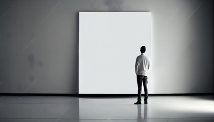 展示室の人、空白のキャンバスの前に立つ男性、generative AI、広告用のモダンなモックアップデザイン、ペイントアートのコンセプトを見る