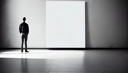 Fototapeta na wymiar 展示室の人、空白のキャンバスの前に立つ男性、generative AI、広告用のモダンなモックアップデザイン、ペイントアートのコンセプトを見る