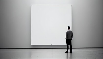 展示室の人、空白のキャンバスの前に立つ男性、generative AI、広告用のモダンなモックアップデザイン、ペイントアートのコンセプトを見る