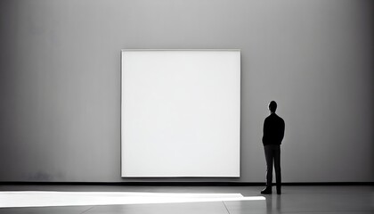 展示室の人、空白のキャンバスの前に立つ男性、generative AI、広告用のモダンなモックアップデザイン、ペイントアートのコンセプトを見る