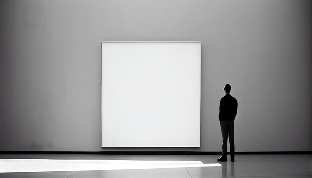 展示室の人、空白のキャンバスの前に立つ男性、generative AI、広告用のモダンなモックアップデザイン、ペイントアートのコンセプトを見る