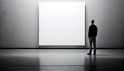 person in a exhibition room, man standing in front of a blank canvas, generative ai, modern mockup design for advertising, looking paint art concept