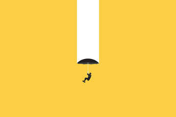 Business and financial crisis vector concept with businessman falling down the hole with umbrella. Symbol of market crash, recession, risk, bankruptcy and loss. Eps10 illustration - obrazy, fototapety, plakaty