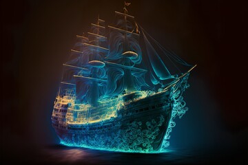 a ship moves in the dark on the water beautifully lit