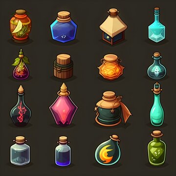 RPG ゲームのアイコンのセット、魔法のポーションのスプライト シート、generative ai、2 d の魔法の要素のアイコン、錬金術のボトルの呪文ボタンのコレクション