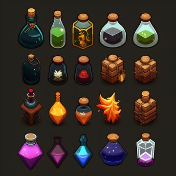RPG ゲームのアイコンのセット、魔法のポーションのスプライト シート、generative ai、2 d の魔法の要素のアイコン、錬金術のボトルの呪文ボタンのコレクション