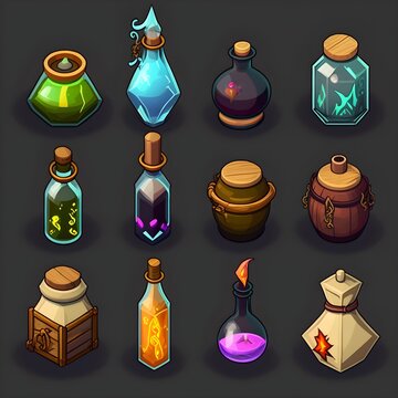 RPG ゲームのアイコンのセット、魔法のポーションのスプライト シート、generative ai、2 d の魔法の要素のアイコン、錬金術のボトルの呪文ボタンのコレクション