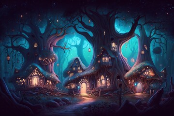 Fantasy Abodes: Houses in the Trees at Nigh - Generative AI