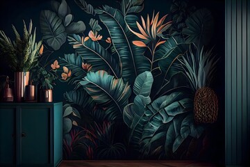 Tropical leaves wallpaper for Hotel living room, Classic tropical plant wallpaper, modern living room, white tropical Interior, generative ai, illustration jungle background, floral vintage design