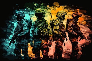 Fototapeta na wymiar Military gear with a pop of color: Painted style - Generative AI