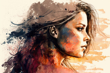 Artistic Woman portrait with Aquarella Artistic Painting Style and warm colors. Girl portrait with watercollor painting style, Ai generated