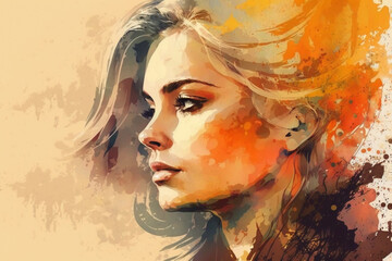 Artistic Woman portrait with Aquarella Artistic Painting Style and warm colors. Girl portrait with watercollor painting style, Ai generated