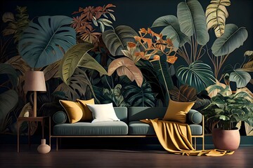 living room interior with sofa, Red and green leaves, Classic tropical plant wallpaper, generative ai, high quality