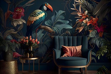 living room interior with sofa, Red and green leaves, Classic tropical plant wallpaper, generative ai, high quality