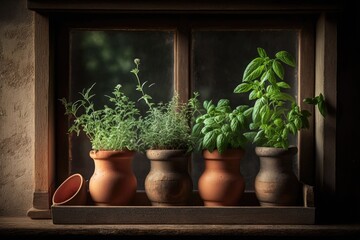Aromatic fresh herbs in pots on a wooden window ledge. Generative AI