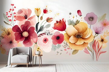 High-Quality Wallpaper in the Style of a Natural Watercolor Plant Background, Including Generative AI, with a Color Scheme of Red, Pink, and Yellow Flowers