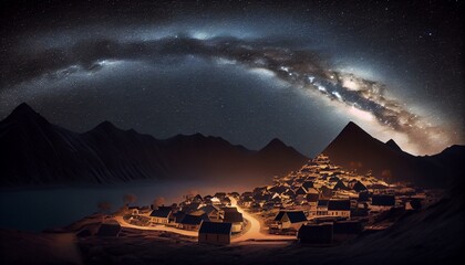 A mesmerizing shot of the Milky Way stretching across the night sky, with a small village in the foreground.. Generative AI