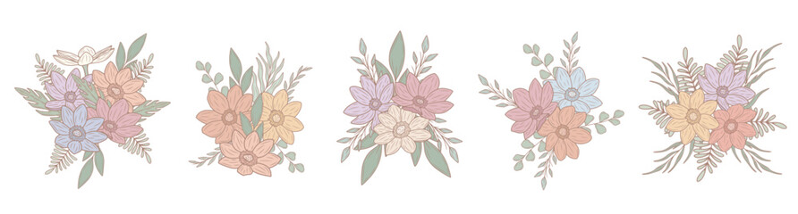 Colorful, pastel spring flower bouquet, vector art