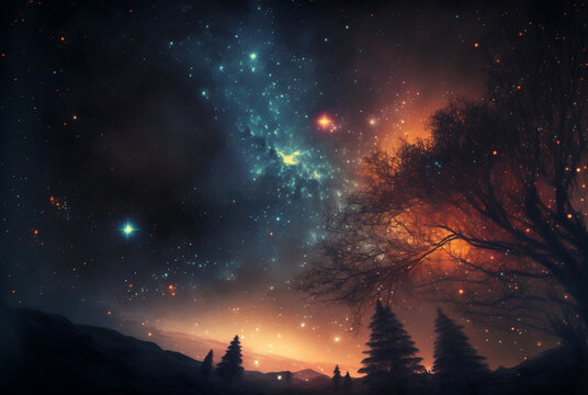 Fantasy landscape with beautiful view of galaxy particles background, Milky Way and galaxy sky background, Generative AI