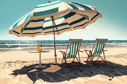 beach chairs and umbrella generative ai