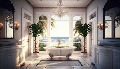 Fototapeta na wymiar A luxurious bathroom with a freestanding bathtub and a chandelier placed on a sandy beach with palm trees in the background. HD, realistic, natural lighting. generative ai