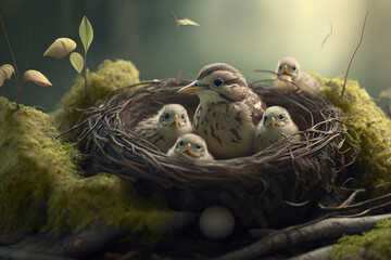 Fototapeta na wymiar Nest with baby birds generative ai