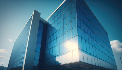 A sleek and modern office building with a glass façade reflecting the bright blue sky. The scene is bathed in bright, natural light, creating an open and airy atmosphere. generative ai