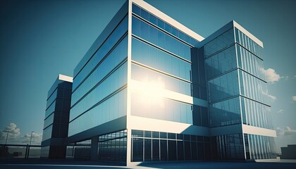 Fototapeta na wymiar A sleek and modern office building with a glass façade reflecting the bright blue sky. The scene is bathed in bright, natural light, creating an open and airy atmosphere. generative ai
