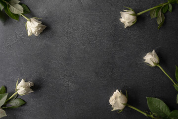 White roses flowers, flat lay composition with copy space on dark background. Funeral mourning and...